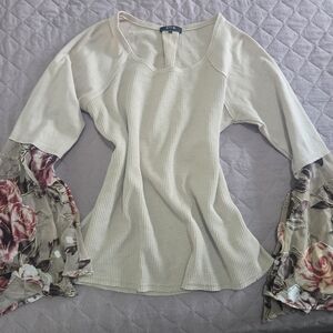 Women’s Cream Thermal Top with Floral Bell Sleeves